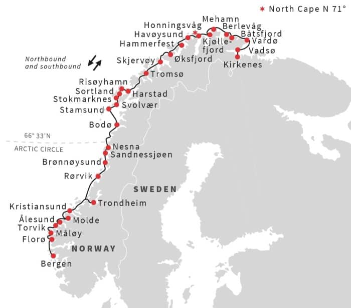 Map of Northern Lights Coastal Norway Round Voyage