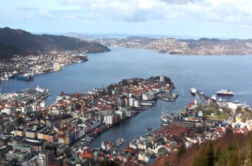 Air view of Port of Bergen on Norway Voyages. Travel with World Lifetime Journeys