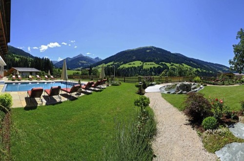 Beautiful garden at Hotel Alpbacherhof in Alpbach, Austria. Travel with World Lifetime Journeys