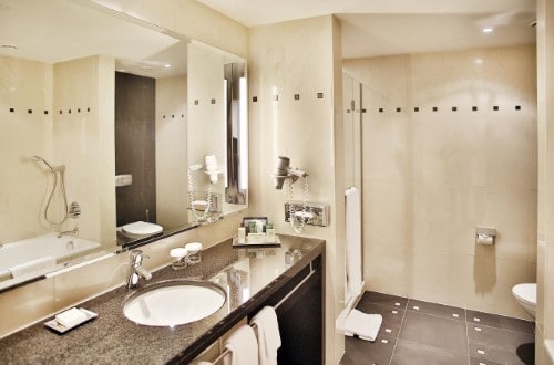 Ensuite bath at Hilton Vienna Hotel in Vienna, Austria. Travel with World Lifetime Journeys