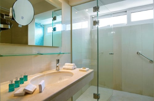 Ensuite bathroom at St. Nicolas Bay Resort Hotel & Spa in Agios Nikolaos, Crete. Travel with World Lifetime Journeys