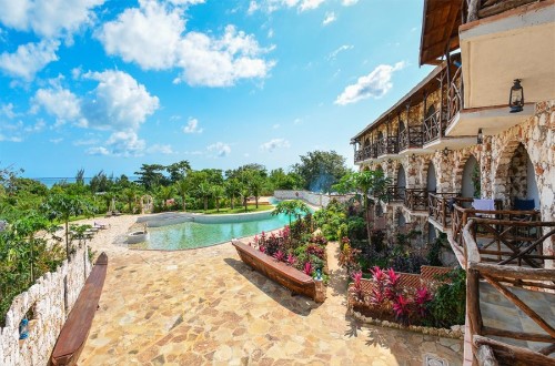 Hotel and swimming pool at Palumbo Kendwa, Zanzibar. Travel with World Lifetime Journeys