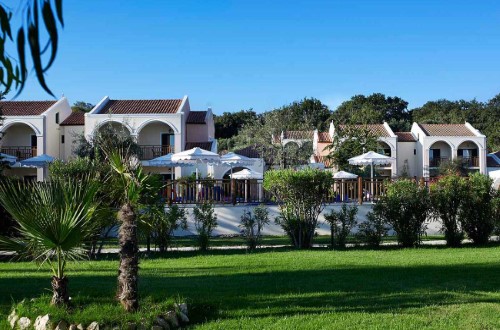 Hotel panorama at Roda Beach Resort & Spa in Corfu, Greece. Travel with World Lifetime Journeys