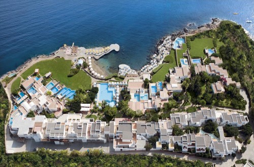 Hotel panorama at St. Nicolas Bay Resort Hotel & Spa in Agios Nikolaos, Crete. Travel with World Lifetime Journeys
