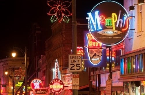 Memphis city in USA by night Southern Sights and Sounds. Travel with World Lifetime Journeys