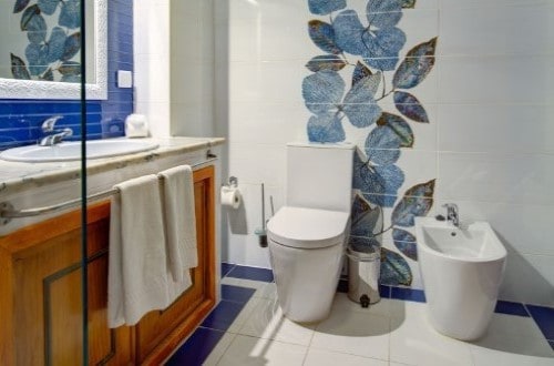 One bedroom apartment bathroom with toilet at Choro Mar Apartments in Albufeira, Portugal. Travel with World Lifetime Journeys