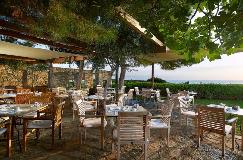 Outside terrace at St. Nicolas Bay Resort Hotel & Spa in Agios Nikolaos, Crete. Travel with World Lifetime Journeys