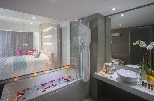Ensuite bathroom at King Evelthon Beach Hotel on Paphos, Cyprus. Travel with World Lifetime Journeys