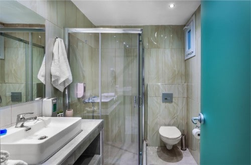 Ensuite bathroom at Anna Hotel in Halkidiki, Greece. Travel with World Lifetime Journeys