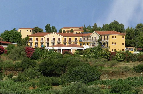 Hotel panorama at Karavados Beach Hotel in Kefalonia Island, Greece. Travel with World Lifetime Journeys