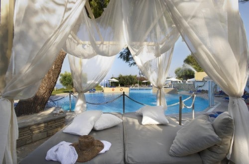 Outdoor relaxing area at Elea Village in Halkidiki, Greece. Travel with World Lifetime Journeys
