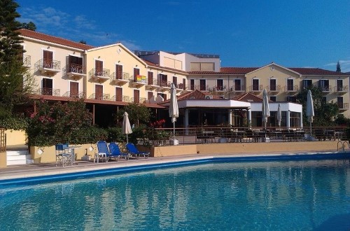 Pool side at Karavados Beach Hotel in Kefalonia Island, Greece. Travel with World Lifetime Journeys