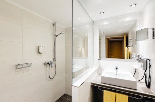 Ensuite bathroom at Best Western Euro Hotel in Luxembourg city. Travel with World Lifetime Journeys