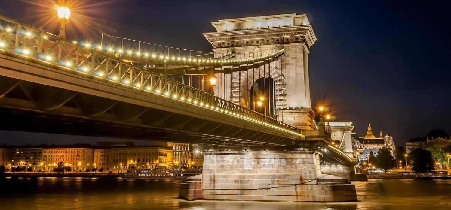 Chain Bridge by night in Budapest, Hungary. Travel with World Lifetime Journeys