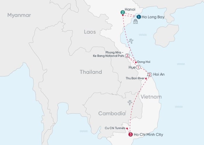 Vietnam Cultural Trip map. Travel with World Lifetime Journeys