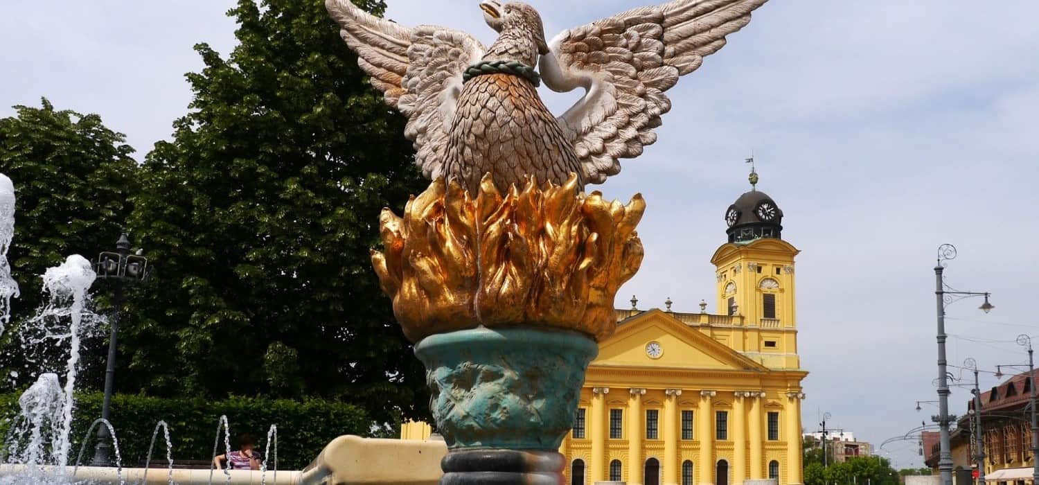 Phoenix symbol and church in Debrecen, Hungary. Travel with World Lifetime Journeys