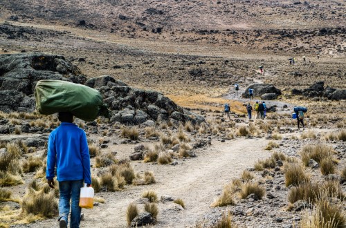 Porters and tourists hiking Mount Kilimanjaro. Travel with World Lifetime Journeys