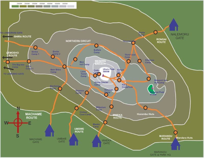 WLJ Kilimanjaro Routes Map. Travel with World Lifetime Journeys