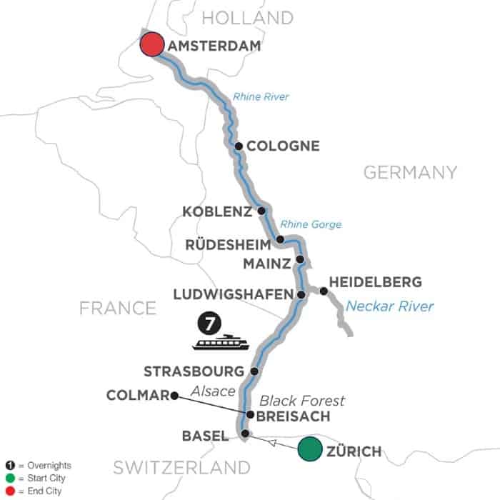 Romantic Rhine Luxury River Cruise Northbound map