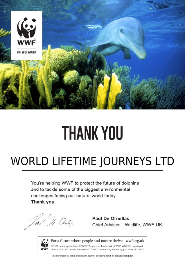 WWF Dolphin Adoption Certificate. Donations from World Lifetime Journeys to WWF