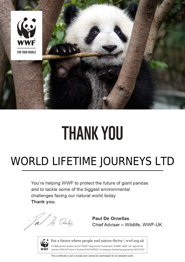 WWF Giant Panda Adoption Certificate. Donations from World Lifetime Journeys to WWF