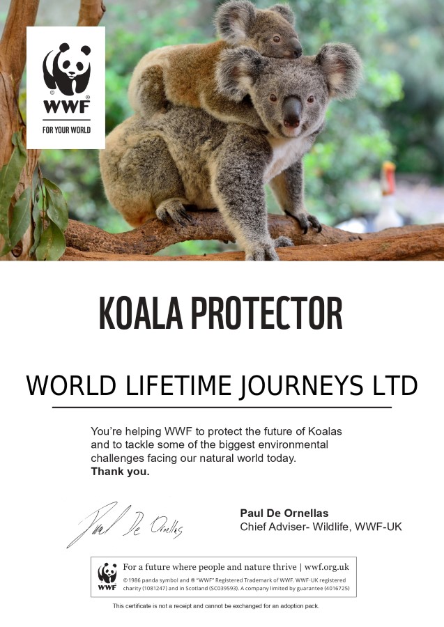 WWF Koala Protector Certificate. Donations from World Lifetime Journeys to WWF
