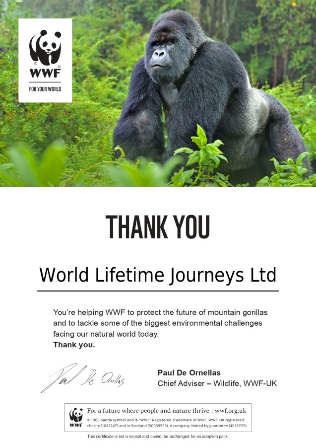 WWF Mountain Gorilla Adoption Certificate. Donations from World Lifetime Journeys to WWF