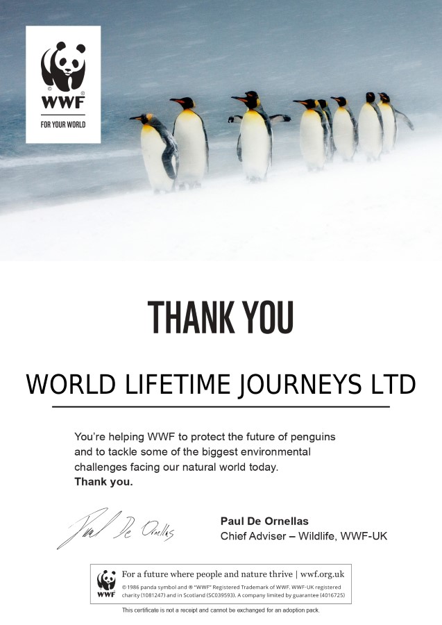 WWF Penguin Adoption Certificate. Donations from World Lifetime Journeys to WWF