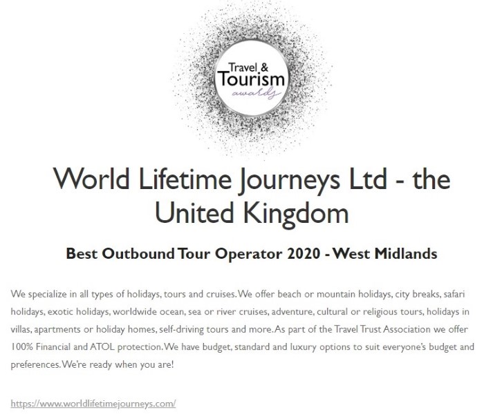 World Lifetime Journeys Best Outbound Tour Operator 2020 Travel Award